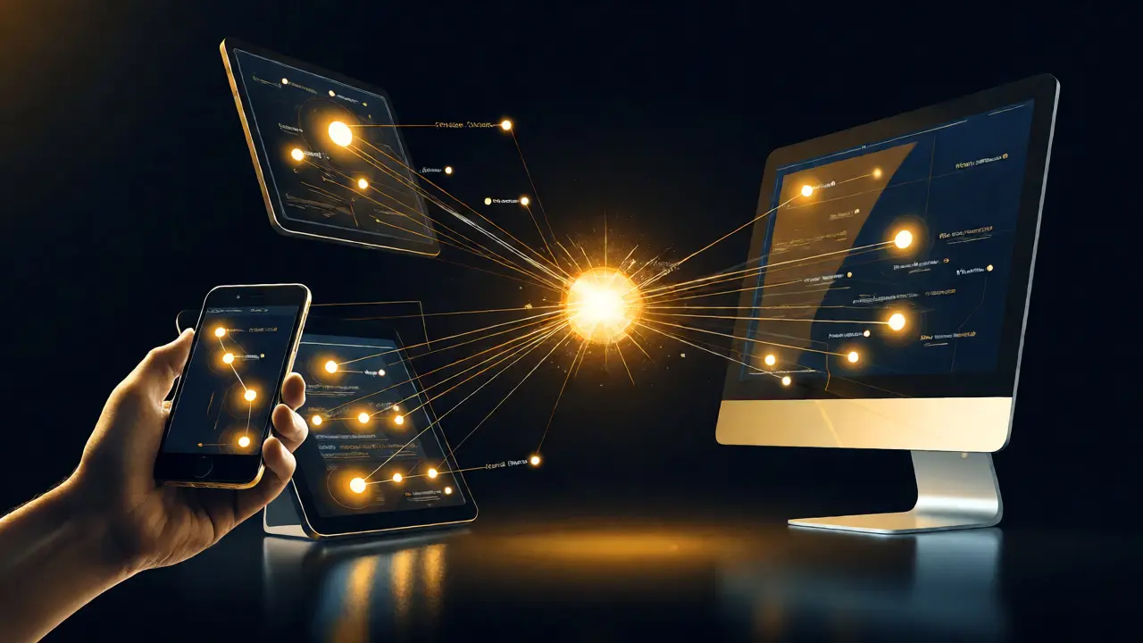 Smartphone, tablet, and desktop connected by golden threads to a central sync node.