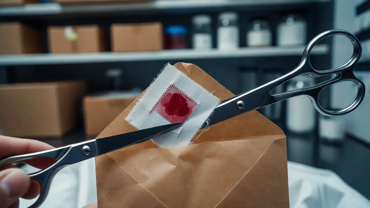 Sterile scissors cutting a stained fabric sample for DNA analysis into a paper envelope
