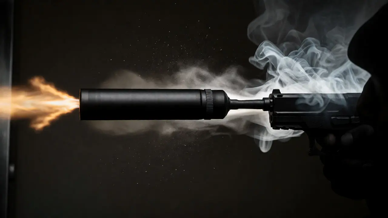 Suppressed pistol firing with lateral gas venting and backflow smoke