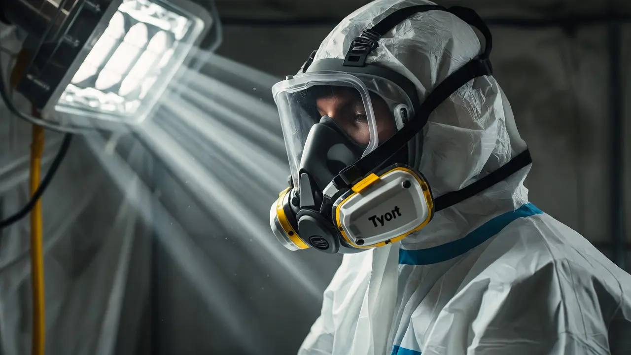 Technician in full-face respirator and HEPA ventilation