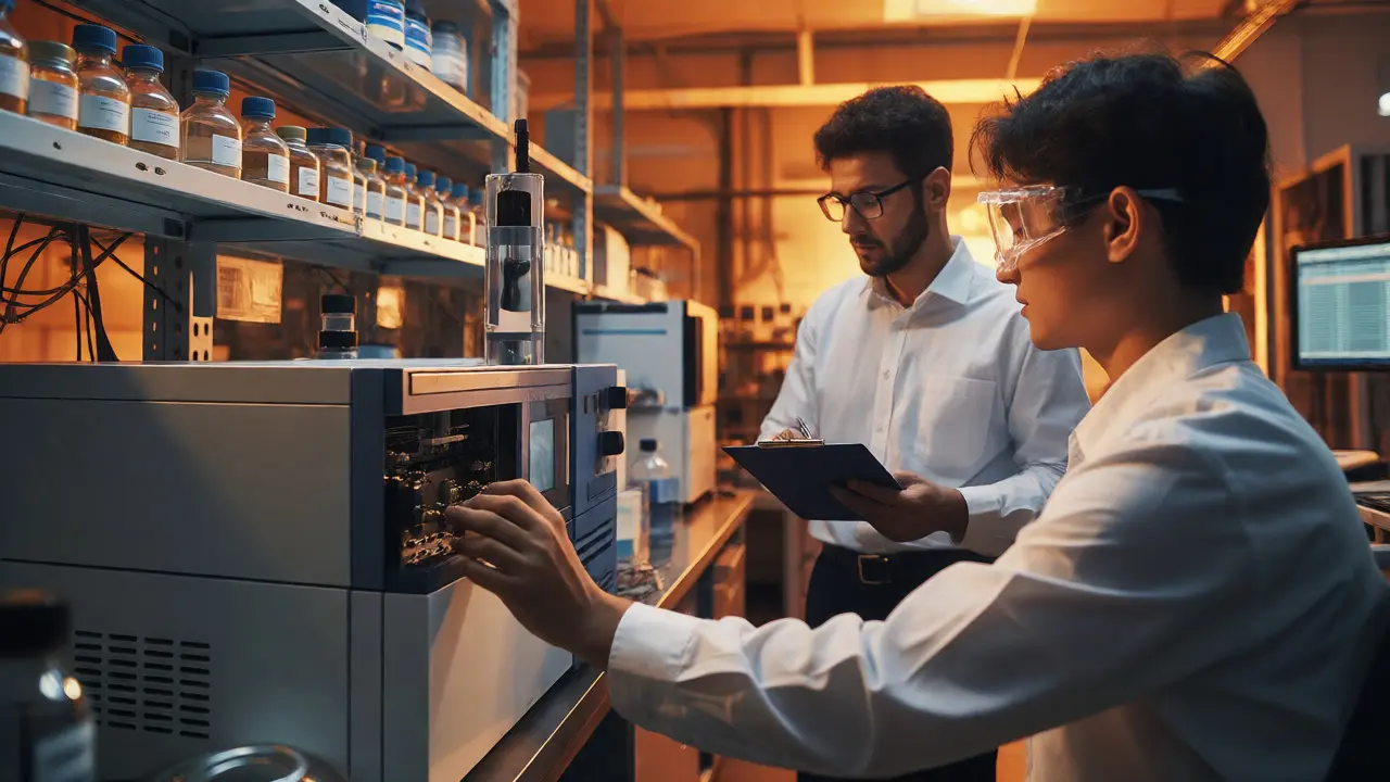 Technician operating equipment while assessor observes in a lab