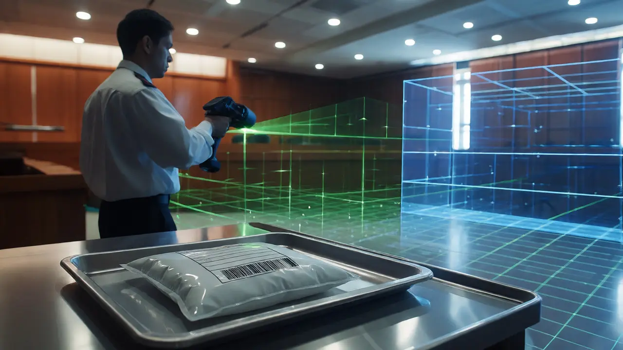 Technician using LiDAR scanner near sealed evidence, bridging scene and court.