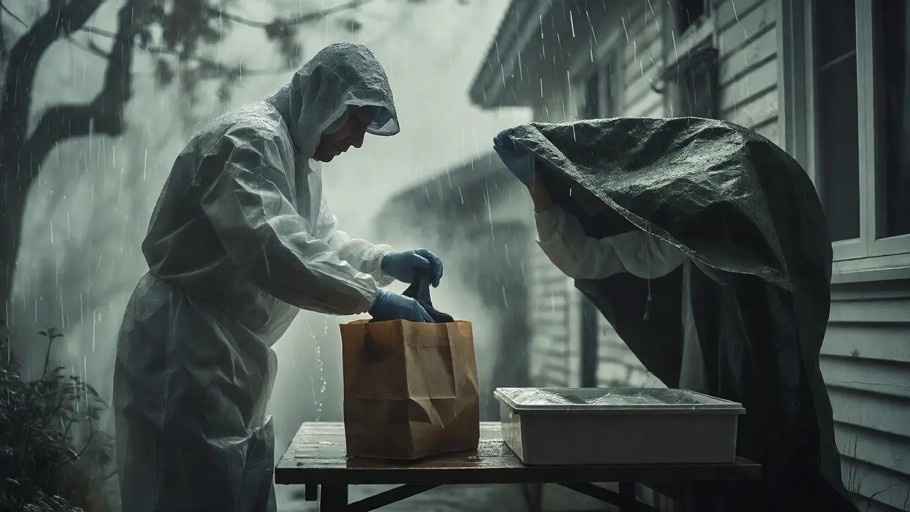 Two investigators protecting evidence from heavy rain by using paper bags and tarps during collection.