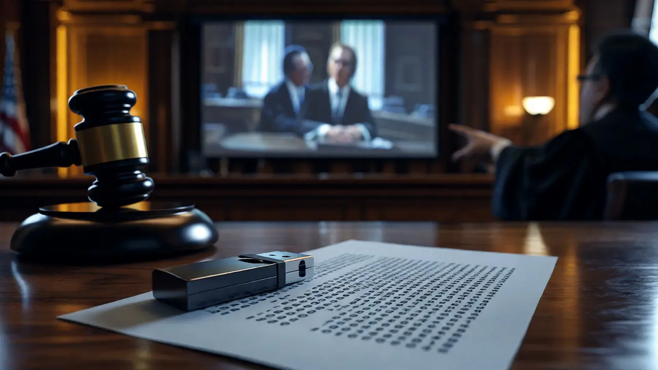 USB drive and hash logs on desk with courtroom background showing stabilized evidence
