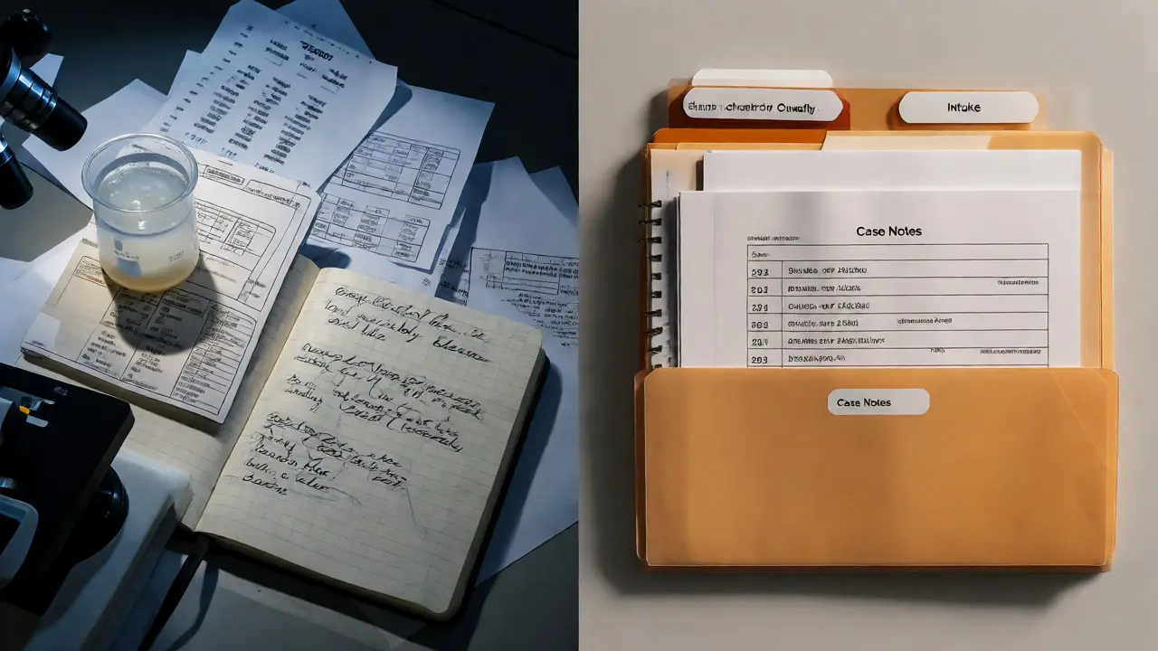 Visual comparison between messy technical bench notes and organized case files.