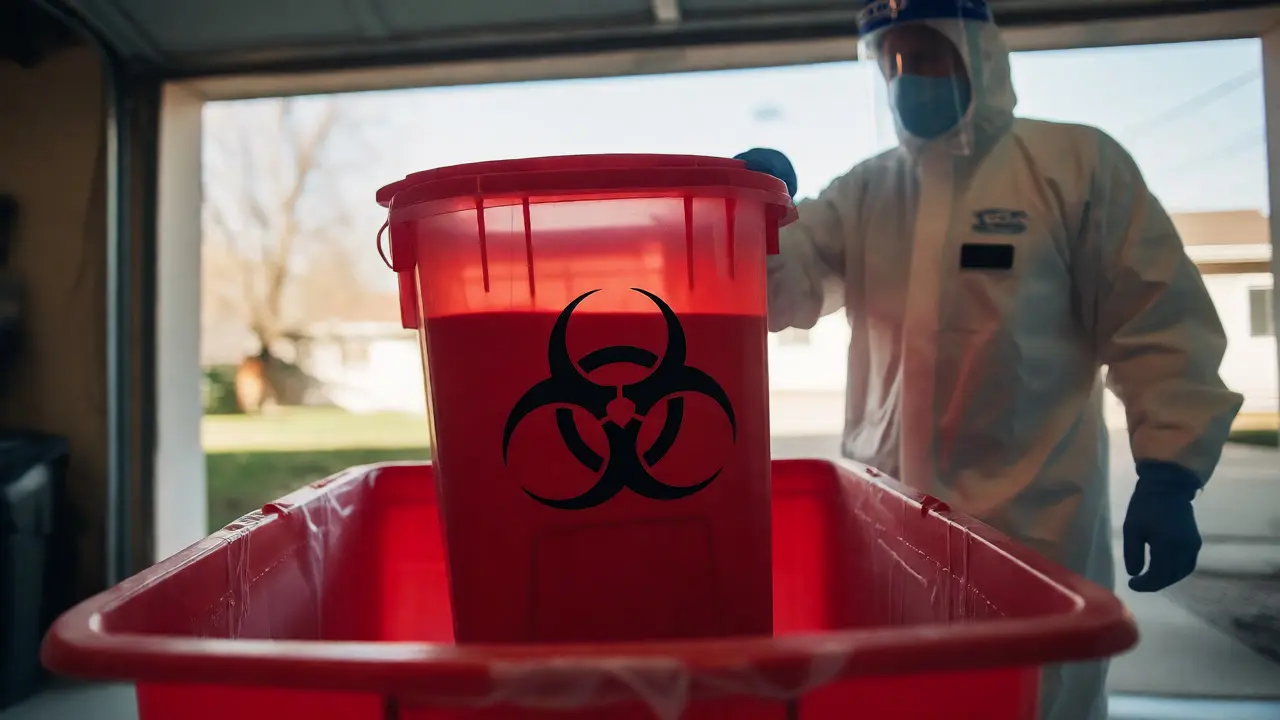 Worker placing a sealed red biohazard sharps container into a secondary transport bin